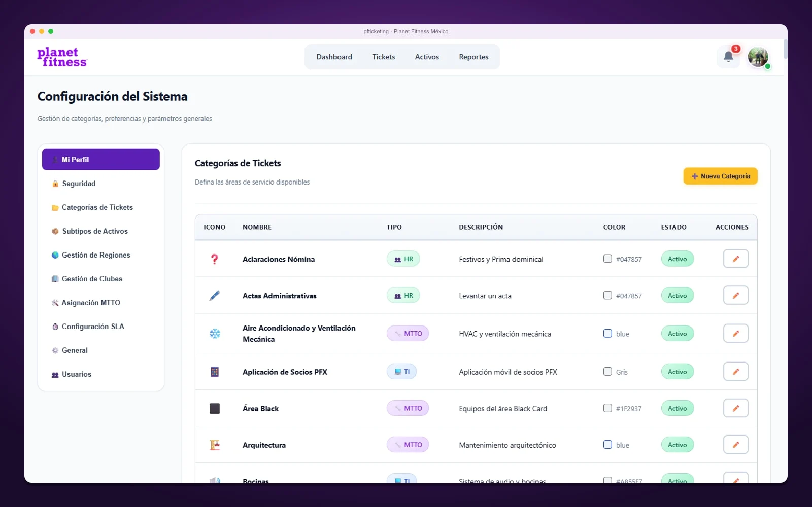 Configuración del sistema: la pantalla donde se definen y actualizan las categorías de tickets.